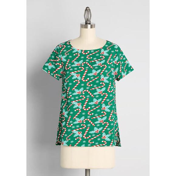 Size 1X • ModCloth Mod Cloth Demeanor Short Sleeve Blouse Holiday Christmas - Picture 2 of 3